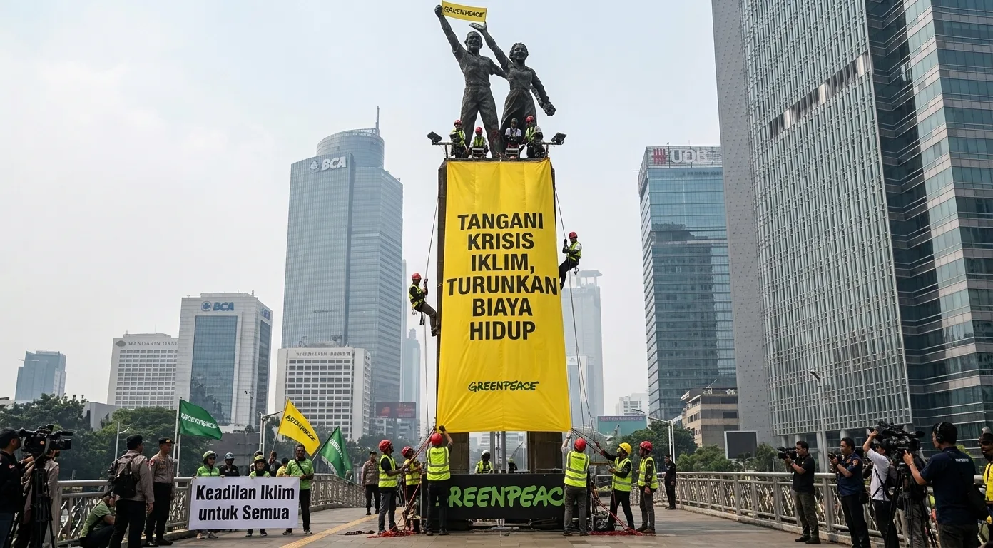 Greenpeace Bentangkan Spanduk di Bundaran HI, Soroti Dampak Krisis Iklim
